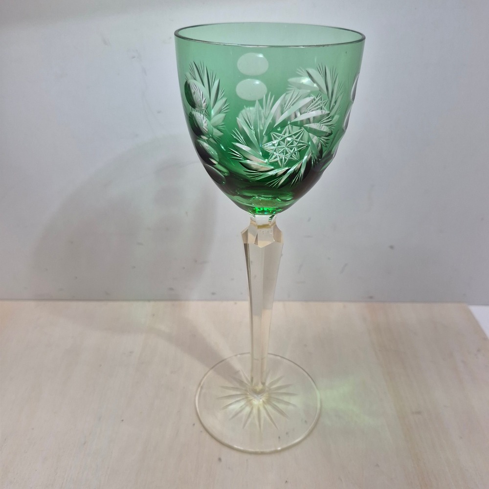Vintage Emerald Green Cut to Clear Crystal Wine Goblet Faceted Stem 8.25"